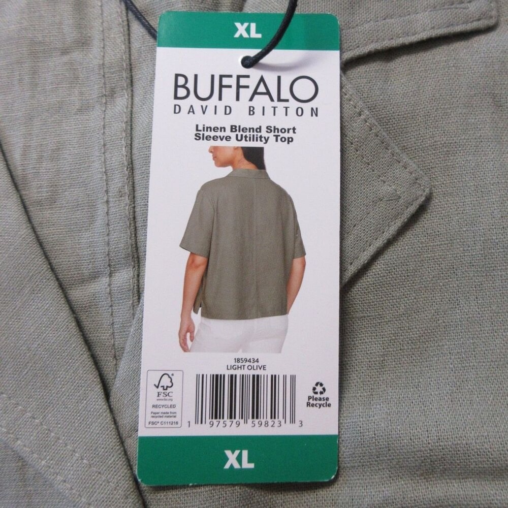 BUFFALO DAVID BITTON Linen Blend Button Front Blouse XL 16 Olive Green Shirt NWT - Picture 8 of 10